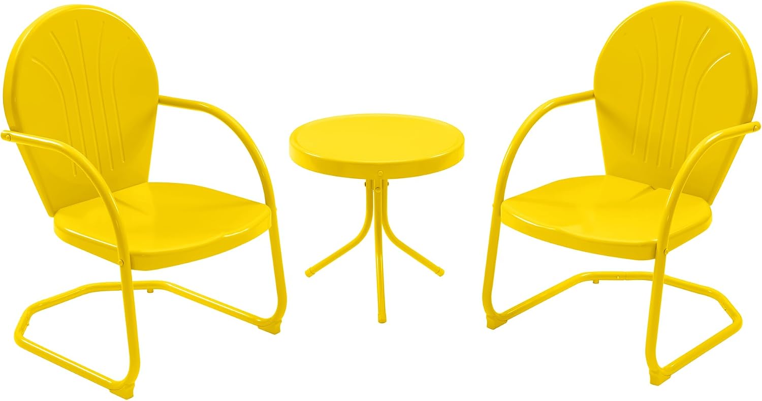 Patio Bistro Set Retro Metal Outdoor Seating Set Conversation Set 3 Pieces, 2 C-Spring Motion Armchairs and Round Side Table, for Porch, Lawn, Garden（Yellow）