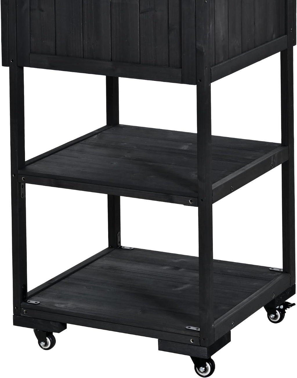 62.3'' Patio Kitchen Island, Solid Wood Kitchen Cart with Stainless Table Top, Garden Potting Bench with Raised Shelf and Drawers, Grill Prep Table for BBQ, Party (Black-62.3'')