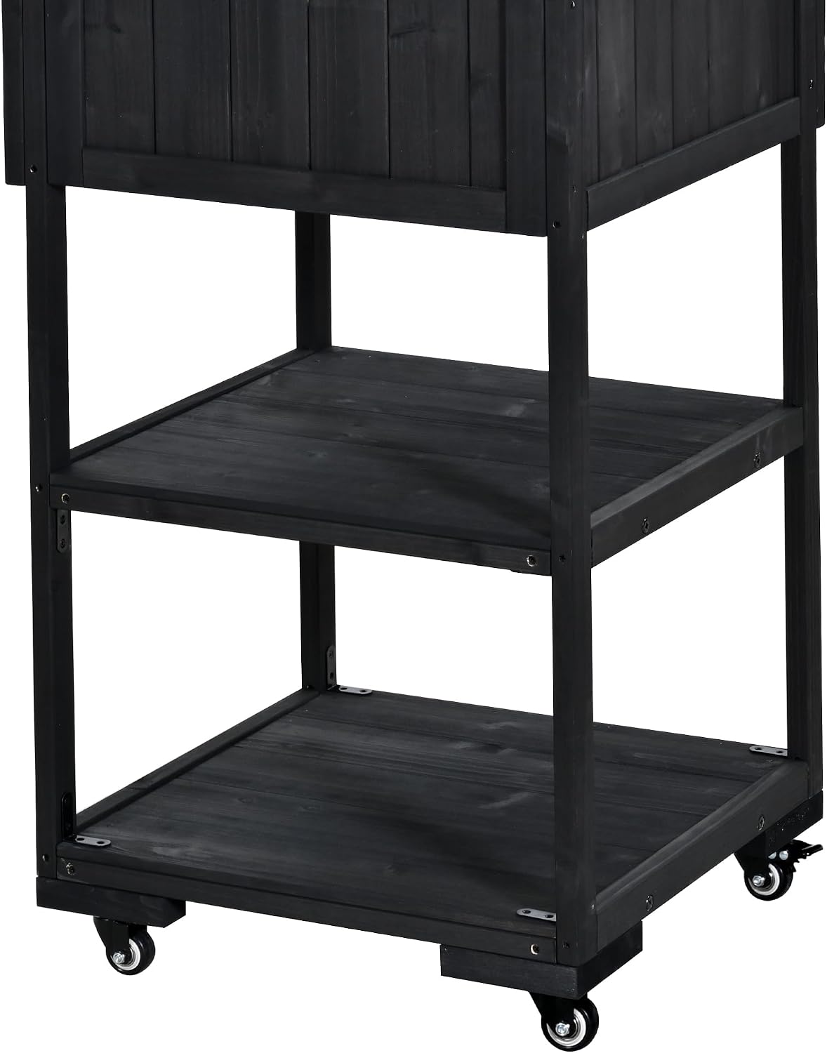 62.3'' Patio Kitchen Island, Solid Wood Kitchen Cart with Stainless Table Top, Garden Potting Bench with Raised Shelf and Drawers, Grill Prep Table for BBQ, Party (Black-62.3'')