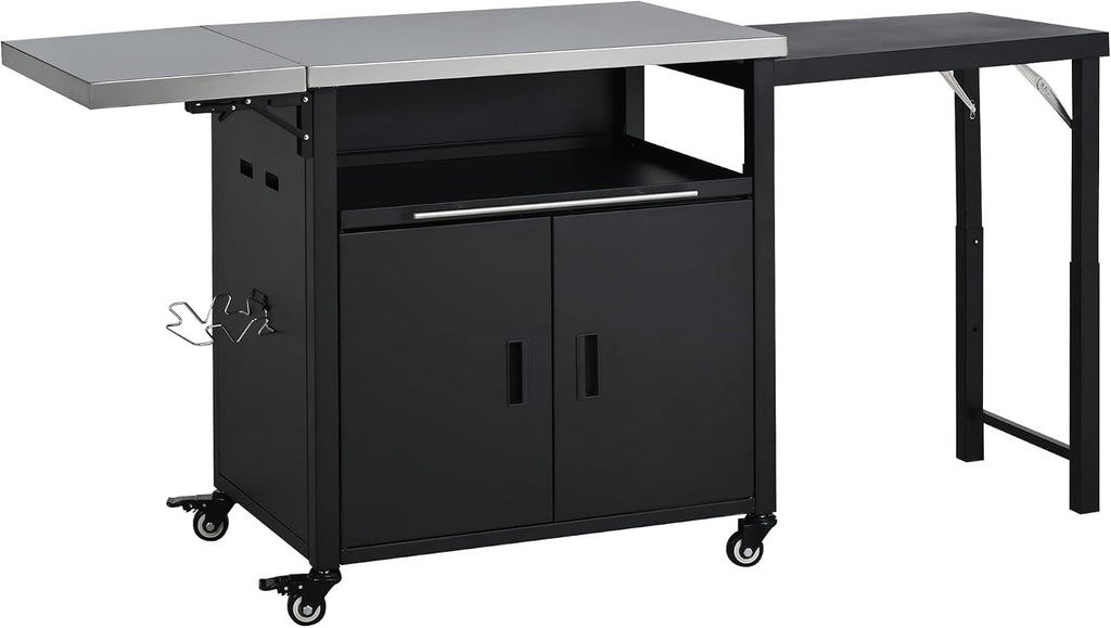 LUMISOL Grill Cart with Foldable Tabletop, Outdoor Foldable Kitchen Cart with Trash Rack, Portable Prep Station Patio Dining Cart with Storage Space and Open Drawer, for Patio Backyard, Black