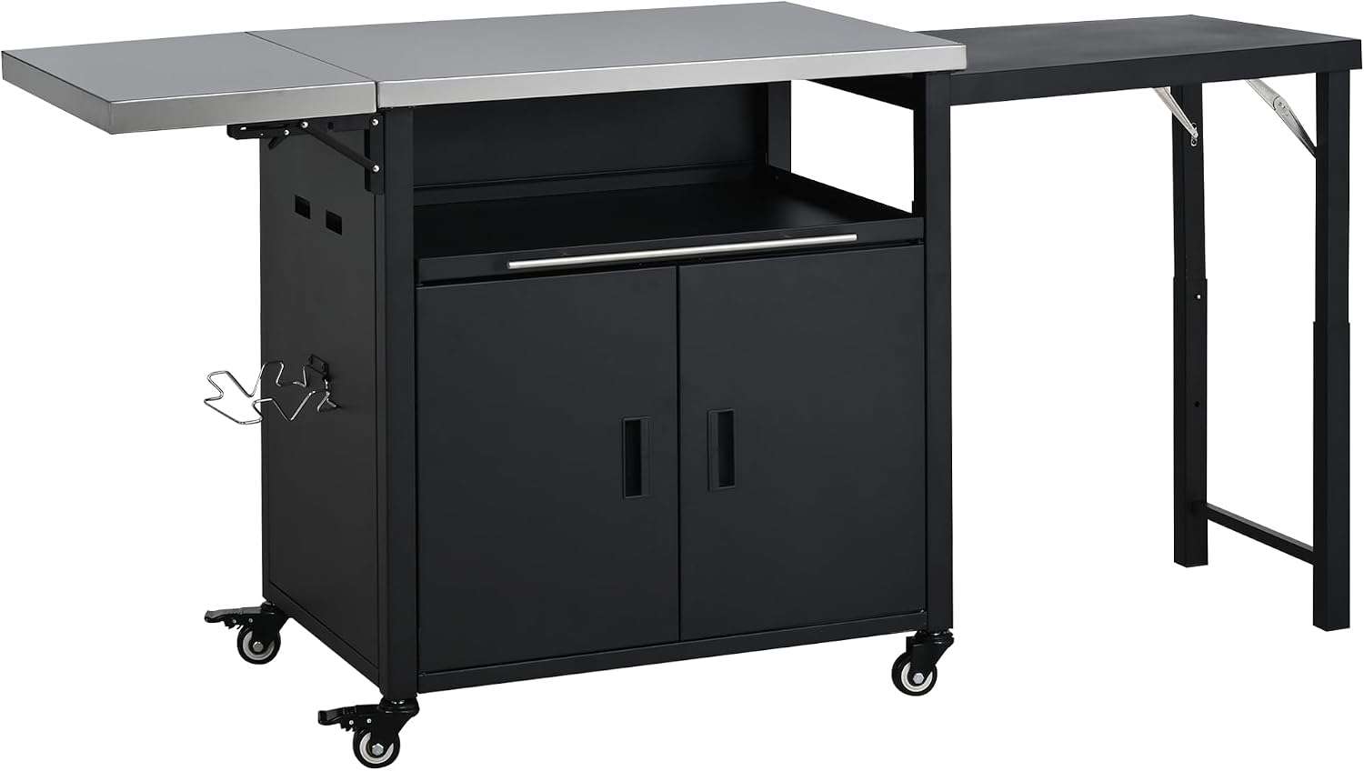 LUMISOL Grill Cart with Foldable Tabletop, Outdoor Foldable Kitchen Cart with Trash Rack, Portable Prep Station Patio Dining Cart with Storage Space and Open Drawer, for Patio Backyard, Black