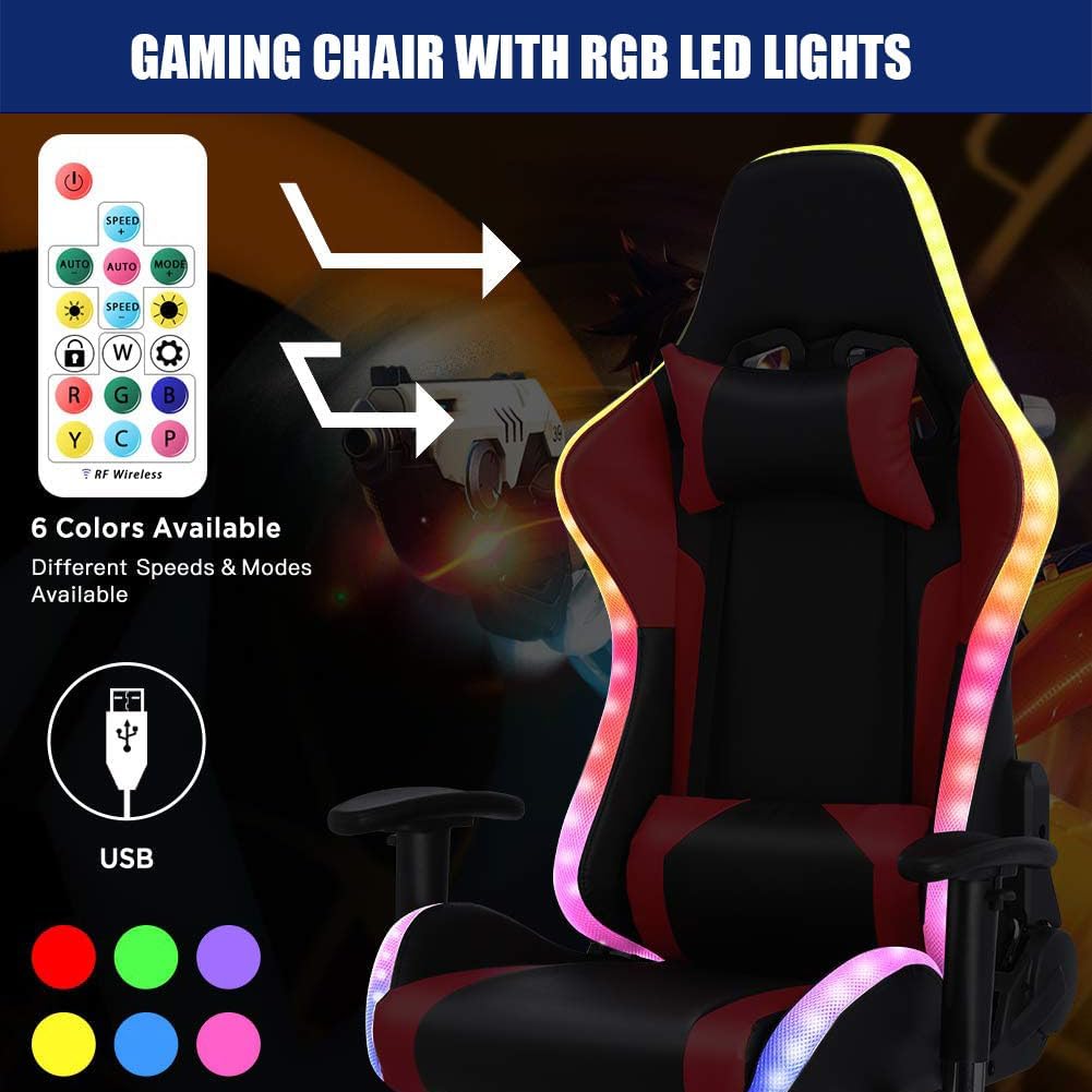 Computer Gaming Chair with RGB Lights, Video Gaming Chair with Speakers,Ergonomic Gaming Chair with Footrest, Adjustable Height Office Desk Chair with Wheels, Breathable Leather,White