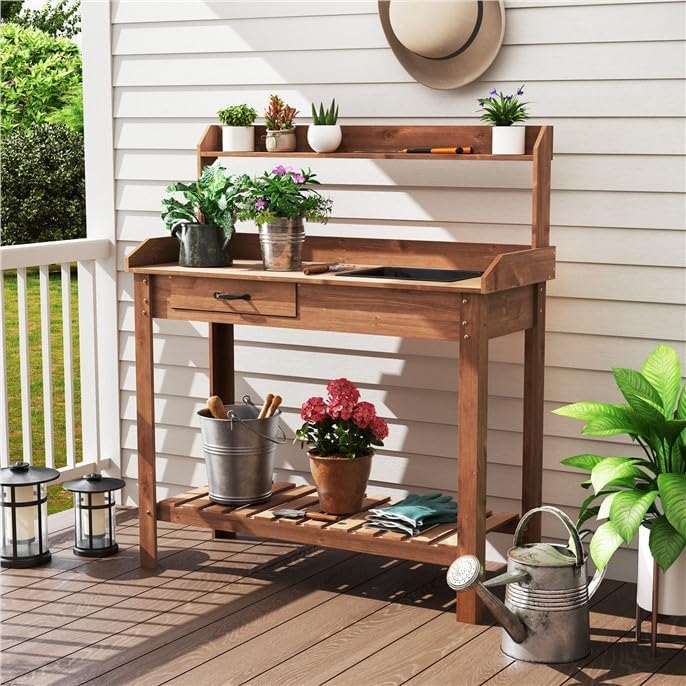 ARNOT Potting Bench,Outdoor Potting Bench Table with Sink and Storage Shelves, Wooden Garden Workstation for Gardening Tools, Planting, and Repotting – Natural Fir Wood (38' x 17' x 50')