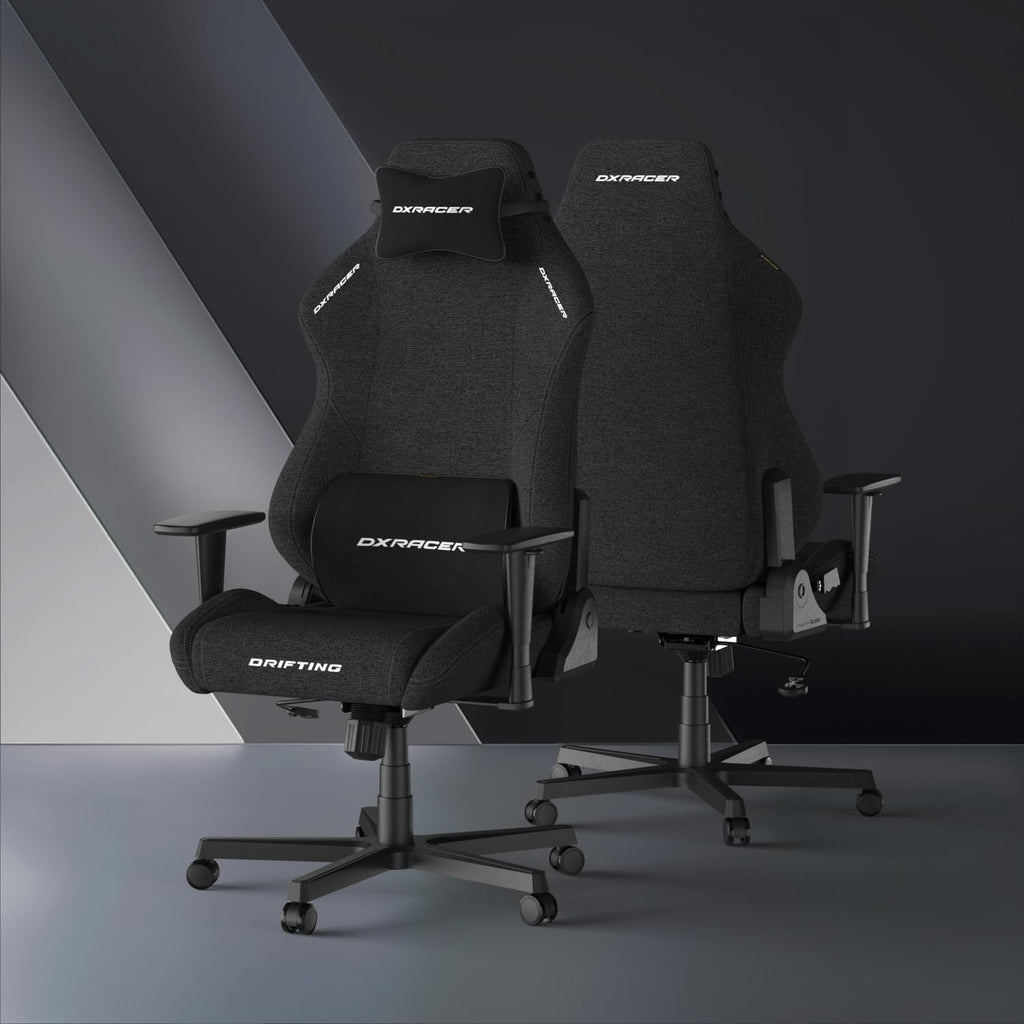 DXRacer Drifting Computer Gaming Chair - Ergonomic Office Chair with Adjustable Recline, Rocking, Cooling Gel Foam Headrest, 3D Armrests, Memory Foam Lumbar Support, Fabric, Large, Black