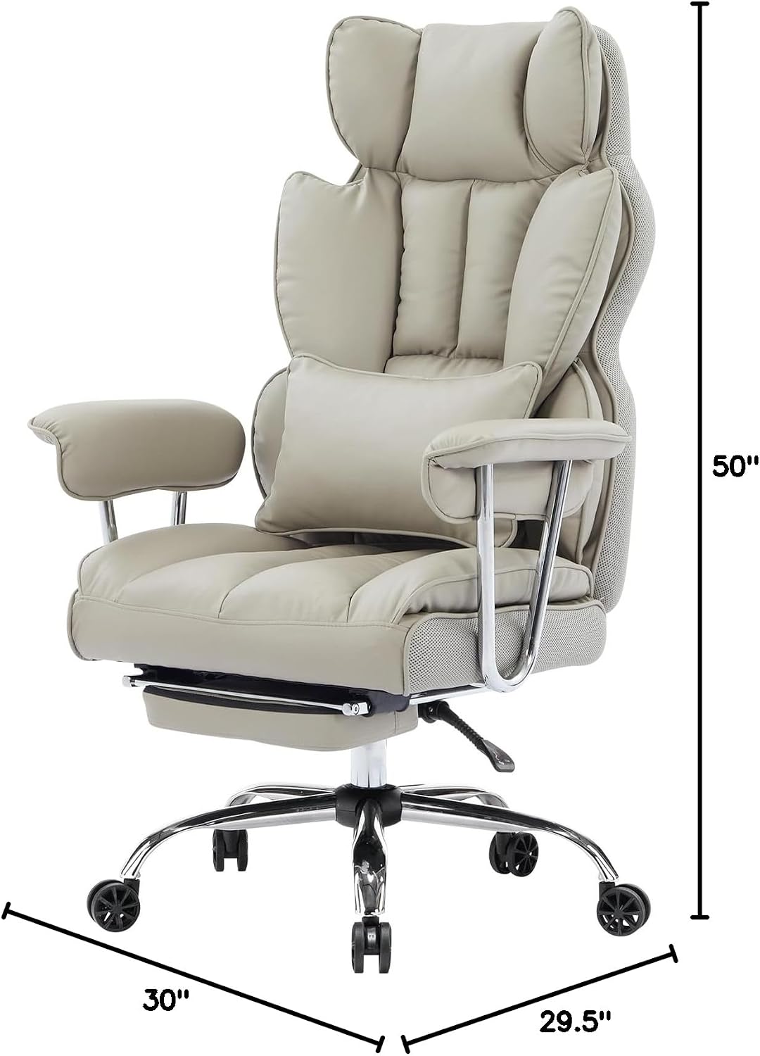 Efomao Big and Tall Office Chair 400lbs – High Back Executive Chair with Swivel Base, PU Leather Upholstery, Lumbar Pillow, Padded Armrests, and Rolling Wheels，Grey Computer Chair