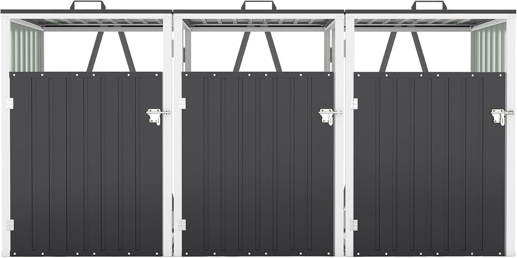 Montary 85 CU.FT Metal Outdoor Garbage Bin Storage Shed with Chain Lid, Waterproof Trash Can Organizer for 3 Bins, Garden Tools for Garden Yard Lawn, Dark Grey