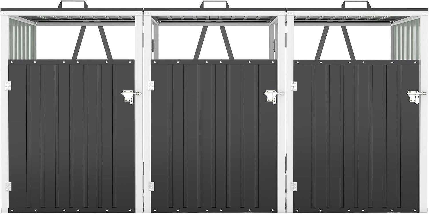 Montary 85 CU.FT Metal Outdoor Garbage Bin Storage Shed with Chain Lid, Waterproof Trash Can Organizer for 3 Bins, Garden Tools for Garden Yard Lawn, Dark Grey