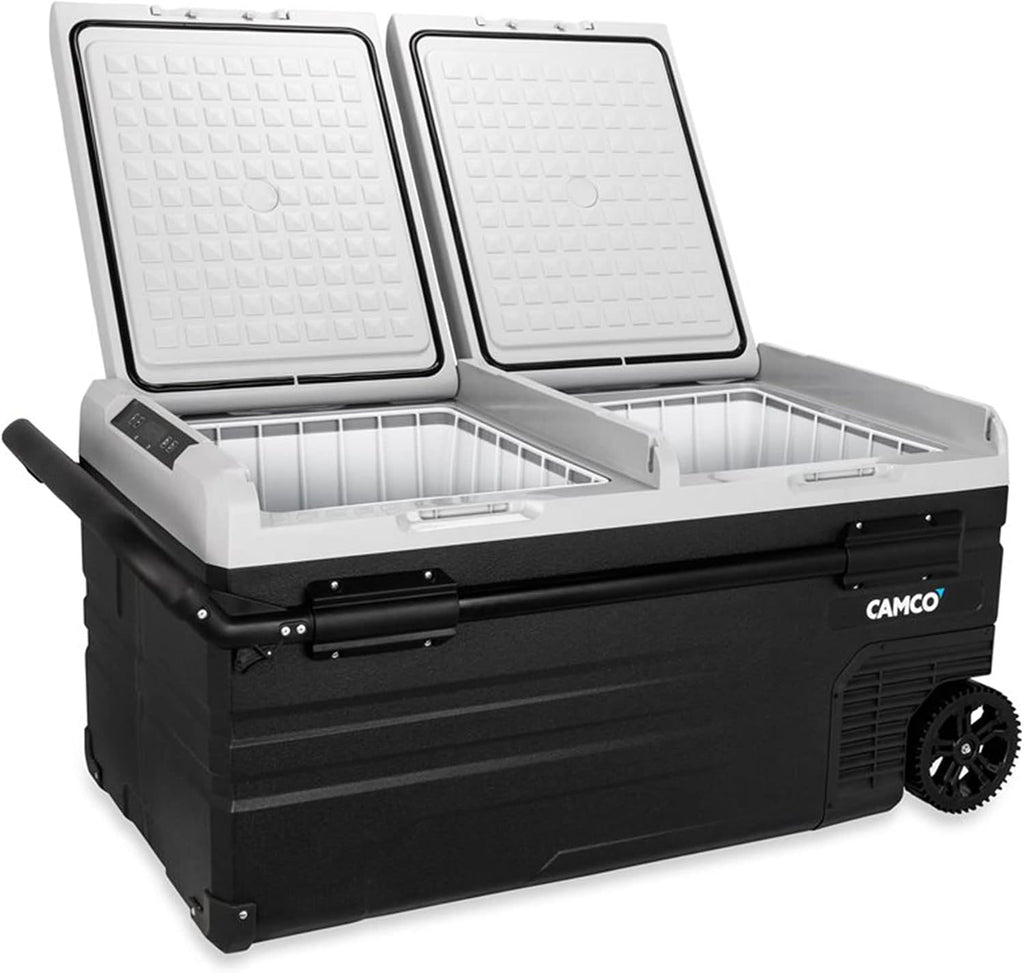 Camco 51522 CAM-950 Portable Refrigerator, AC 110V/DC 12V Compact Fridge/Freezer with Dual Zone Cooling, 95-Liter - Keeps Food and Drinks Cold While On-the-Go - Ideal for Road Trips, RVing, Camping