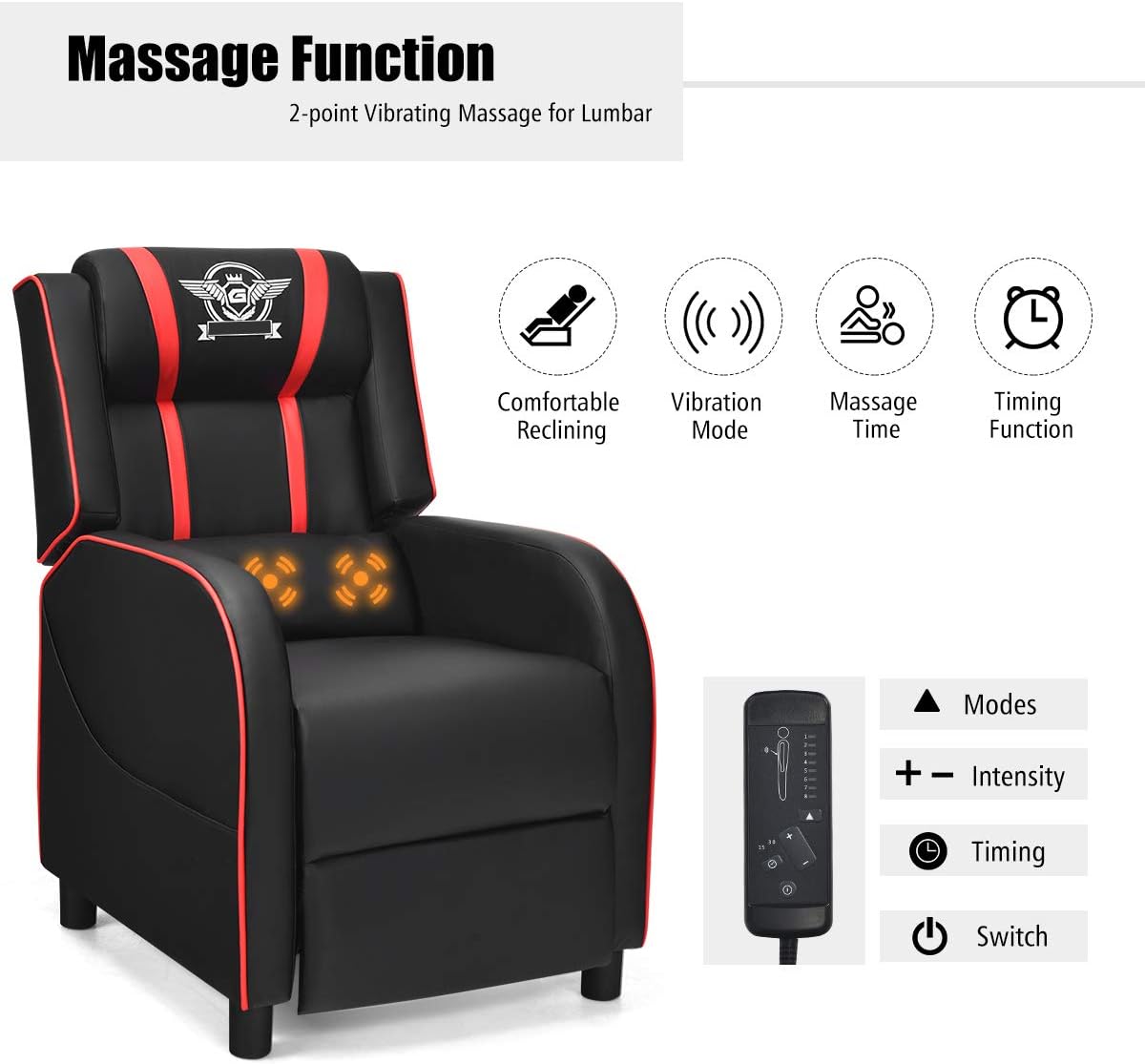 Harmony-Furniture Modern Massage Gaming Recliner Chair, PU Leather Home Theater Recliner Chairs w/Footrest and Massage, Racing Style Sofa Chair for Living Bedroom Gaming Room (Red)