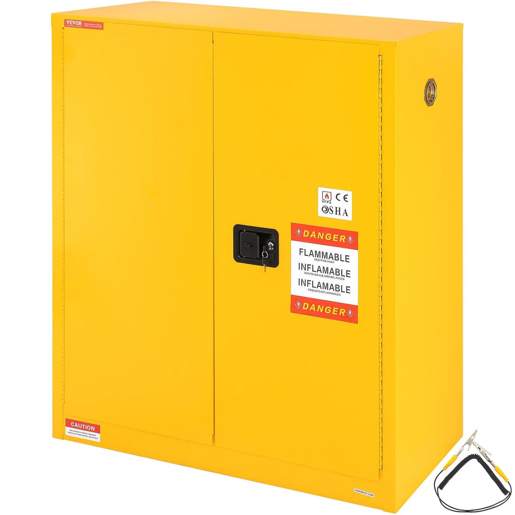 VEVOR Flammable Safety Cabinet 43.1 x 18.1 x 50.1, Cold-Rolled Steel Flammable Liquid Storage Cabinet 34 Gal with 2 Adjustable Shelves/2 Manual Closing Doors for Industrial Use, Yellow