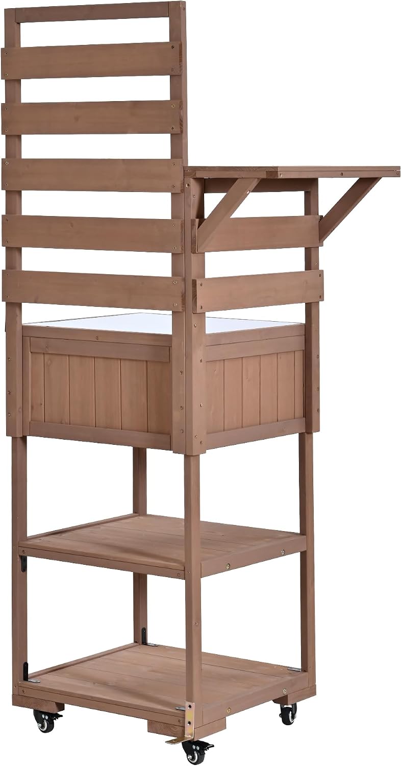 62.3'' Patio Kitchen Island, Solid Wood Kitchen Cart with Stainless Table Top, Garden Potting Bench with Raised Shelf and Drawers, Grill Prep Table for BBQ, Party (Brown-62.3'')