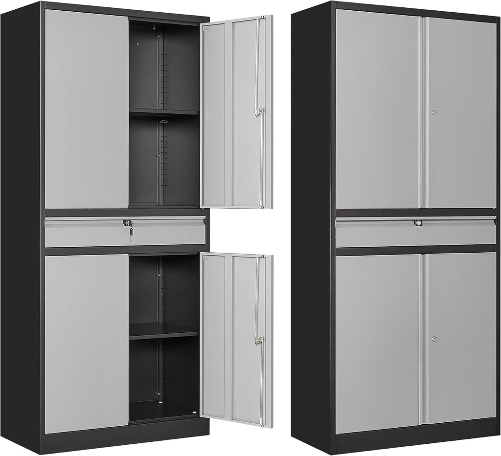 Metal Garage Storage Cabinet, 71' Lockable Storage Cabinet with 2 Adjustable Shelves and 1 Drawer for Garage, Utility Room, Warehouse (Black Grey)