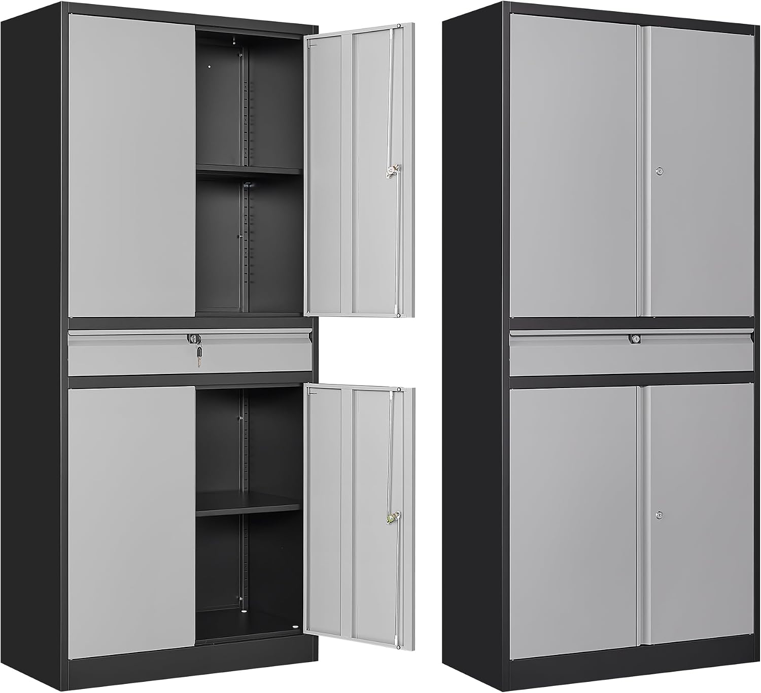 Metal Garage Storage Cabinet, 71' Lockable Storage Cabinet with 2 Adjustable Shelves and 1 Drawer for Garage, Utility Room, Warehouse (Black Grey)