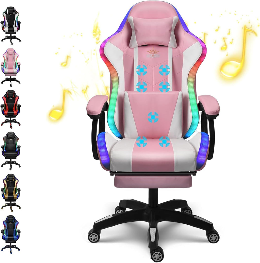 XOOFMASS Massage Gaming Chair with Speakers & RGB LED Lights Ergonomic Computer Gaming Chair with Footrest Music Video Game Chair High Back with Lumbar Support 360° Swivel & Height Adjustable,Pink