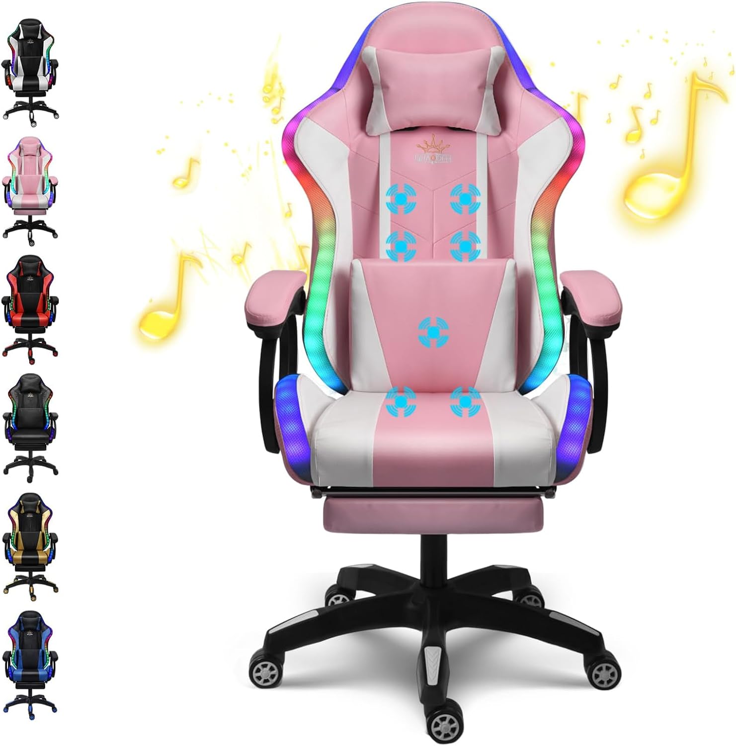 XOOFMASS Massage Gaming Chair with Speakers & RGB LED Lights Ergonomic Computer Gaming Chair with Footrest Music Video Game Chair High Back with Lumbar Support 360° Swivel & Height Adjustable,Pink