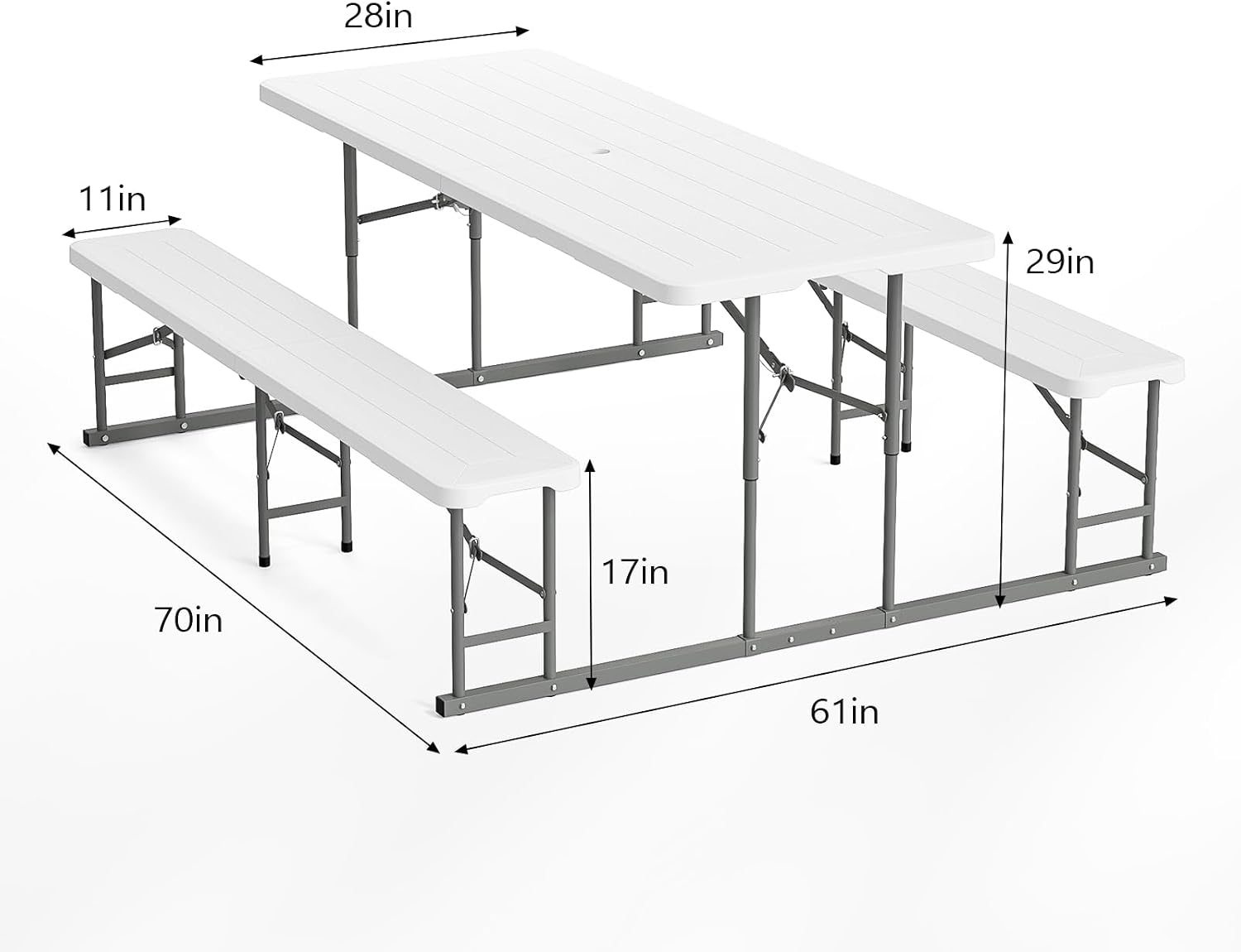 VINGLI Folding Picnic Table and Bench Set, Portable Outdoor Dining Furniture for Camping, Patio, Backyard, Wood Grain Plastic Top with Metal Frame (White)