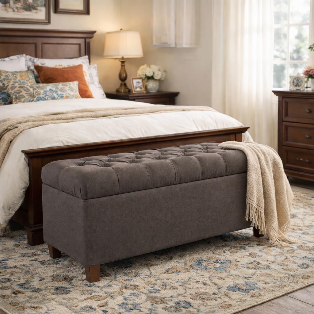Homepop Home Decor | Tufted Ainsley Button Storage Ottoman Bench with Hinged Lid | Ottoman Bench with Storage for Living Room & Bedroom, Charcoal Gray 18x40x18 inches