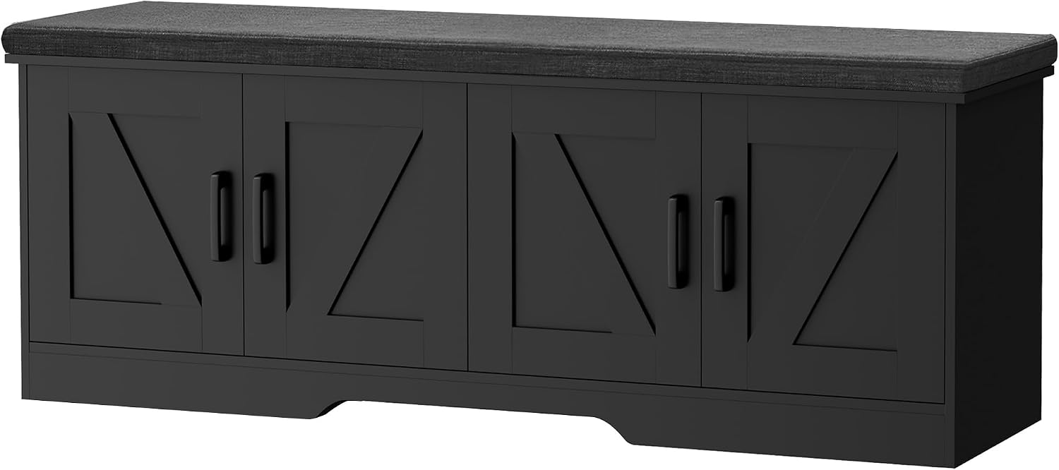 HOMSHO 2-Tier Storage Bench, 47.2' Wide Shoe Bench with Padded Seat Cushion, Entryway Bench with 4 Barn Doors and Adjustable Shelf, Black