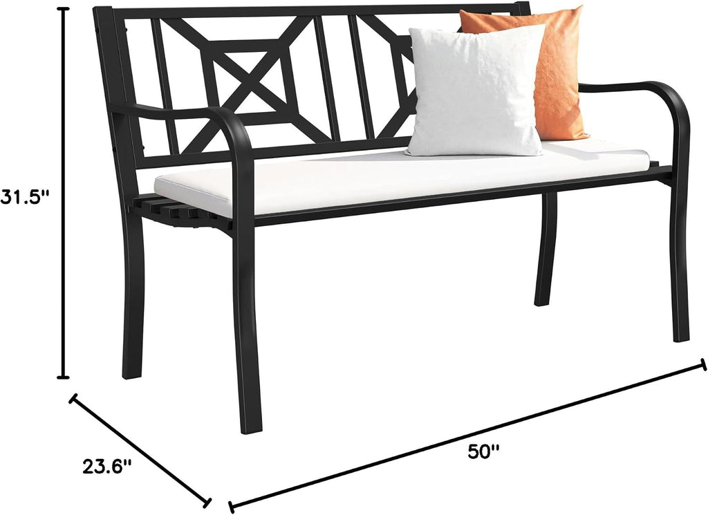 Black Outdoor Bench, Metal Weatherproof Garden Bench Cast Iron Heavy-Duty Patio Bench with Decorative Backrest for Proch Park 880lb Capacity