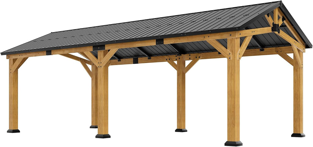 Jocisland 12' x 24' Cedar Wood Hardtop Gazebo with Galvanized Steel Roof, Waterproof Outdoor Gazebo Pavilion, Heavy-Duty Snow & Wind Resistant Carport for Patio, Driveway, Garden