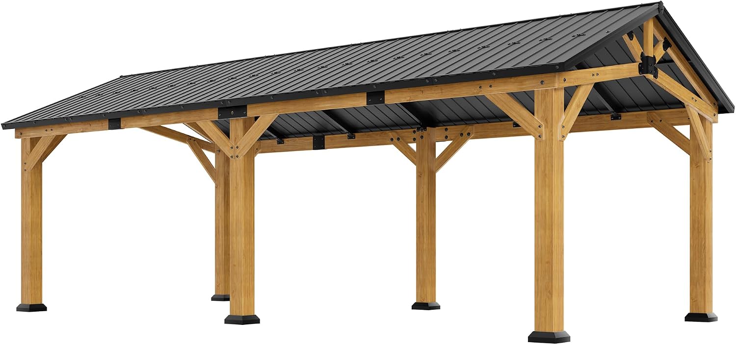 Jocisland 12' x 24' Cedar Wood Hardtop Gazebo with Galvanized Steel Roof, Waterproof Outdoor Gazebo Pavilion, Heavy-Duty Snow & Wind Resistant Carport for Patio, Driveway, Garden