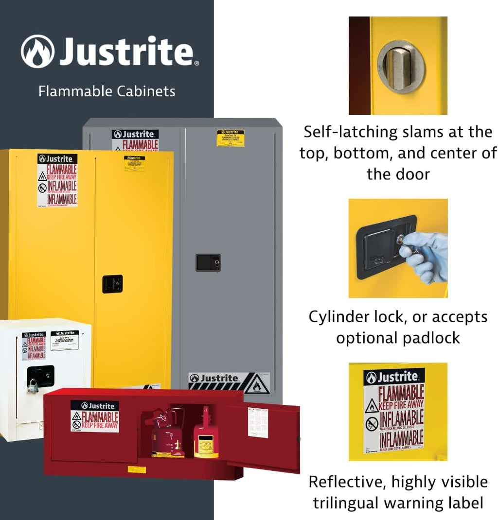 Justrite 12 Gallon Manual Close Piggyback Flammable Storage Cabinet, 18 Gauge Steel, 2 Door Fire Cabinet, 18' x 43' x 18', Made in The USA, Gray, 891303