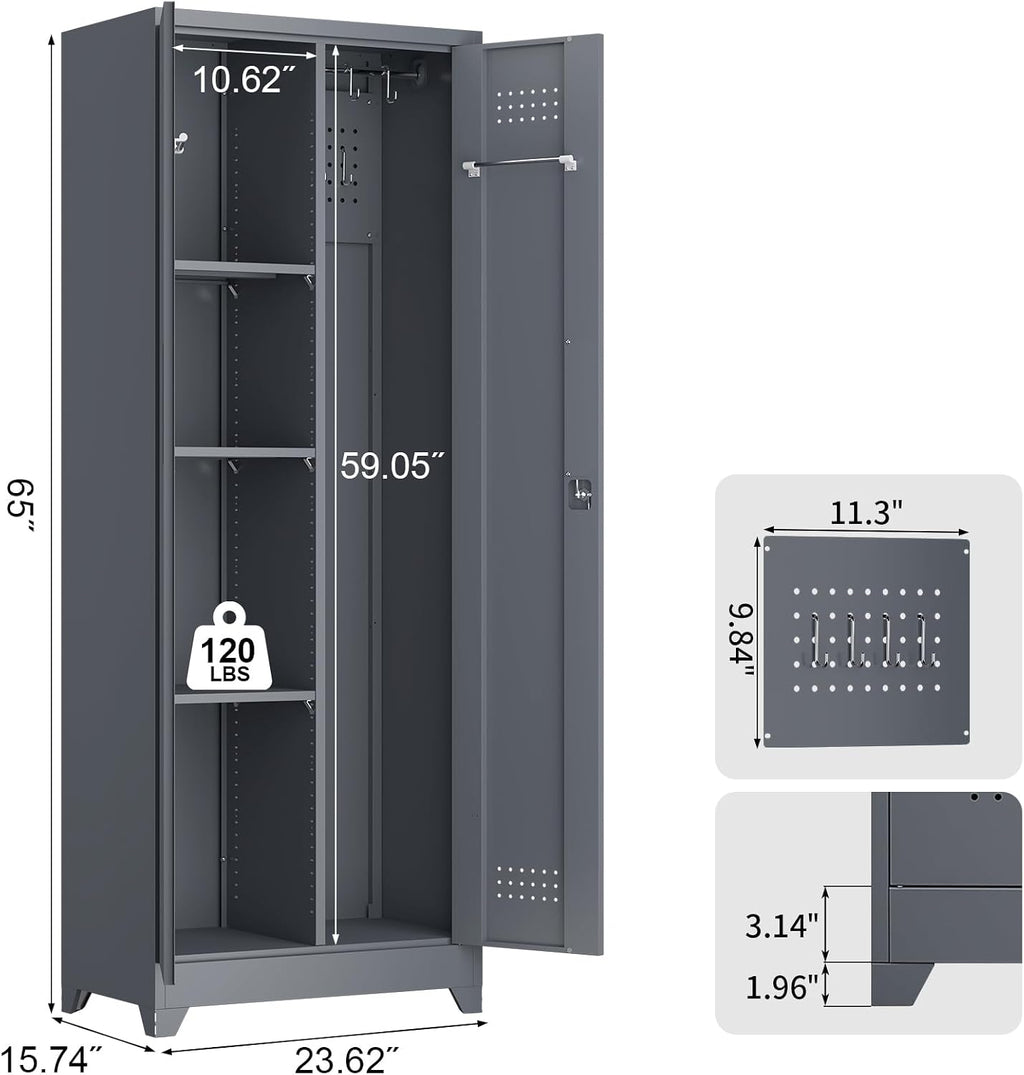 65''H Garage Storage Cabinets, Metal Locking Storage Cabinet with Doors and Shelves, Utility Closet Cabinet with Hanging Rod, Cleaning Storage for Kitchen, Office, Garage