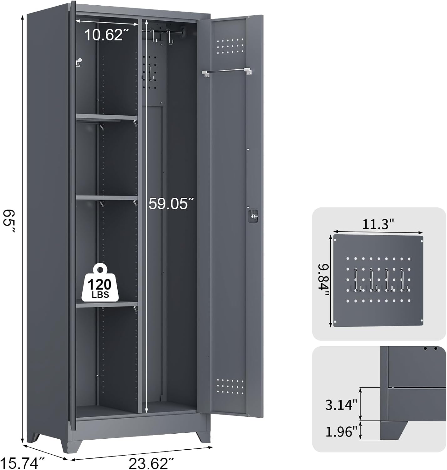 65''H Garage Storage Cabinets, Metal Locking Storage Cabinet with Doors and Shelves, Utility Closet Cabinet with Hanging Rod, Cleaning Storage for Kitchen, Office, Garage