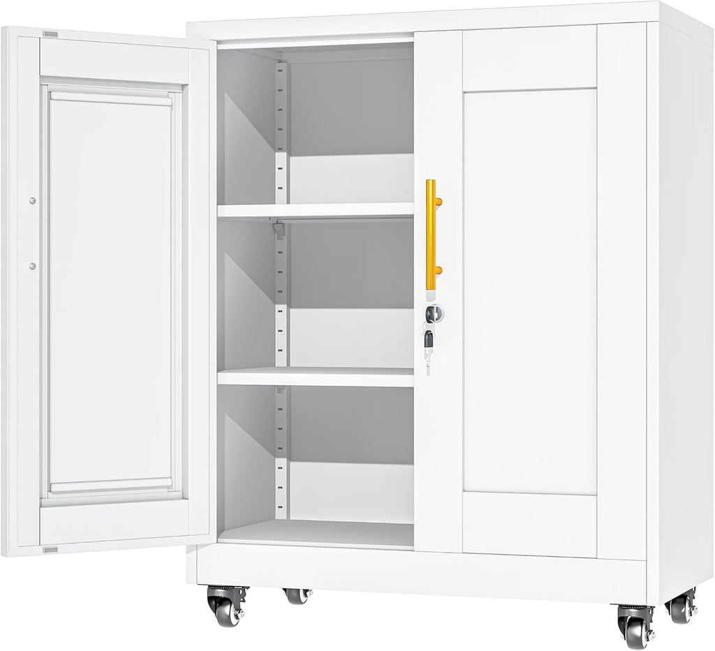 35.4' Metal Garage Storage Cabinet with Wheels and Locking Doors and Tall Rolling Steel Tool Cabinet with 2 Adjustable Shelves for Garage,Home,Office,Shop (White, 35.4''H x 27.6''W x13.8''D)