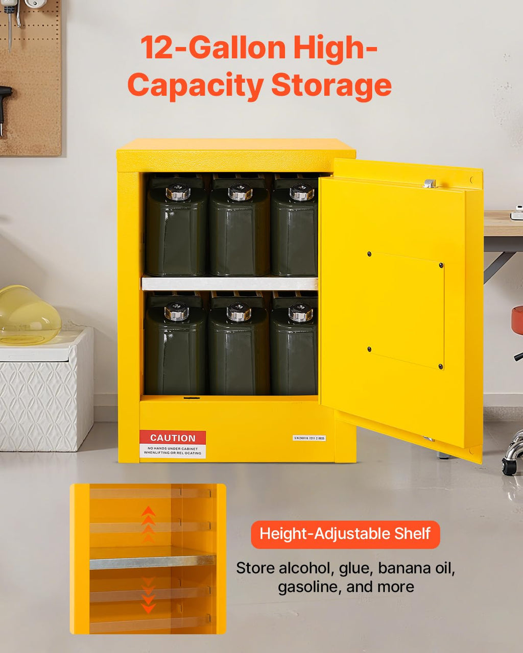 VEVOR Flammable Cabinet 17' x 17' x 22', 12 GalCold-Rolled Steel Flammable Liquid Storage Cabinet, Explosion Proof with 1 Adjustable Shelf 1 Door for Commercial Industrial Use, Yellow