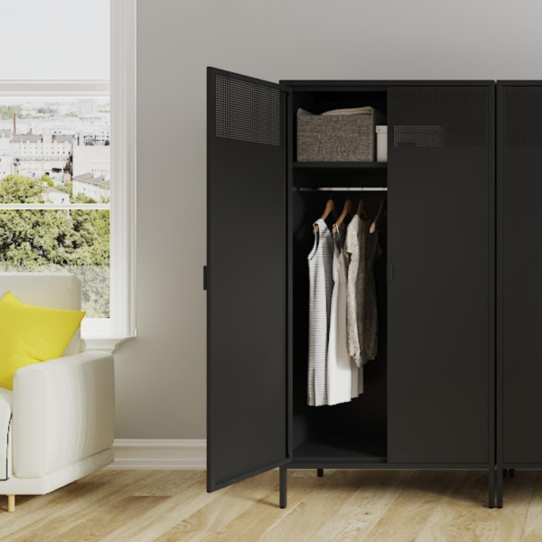 Washsemba Metal Storage Cabinets Locker with Hanging Rod and Adjustable Shelves, 71'' Clothing Steel Storage Wardrobe for Home & Office, School, Employee,Gym(Black, 71''H-Wardrobe)