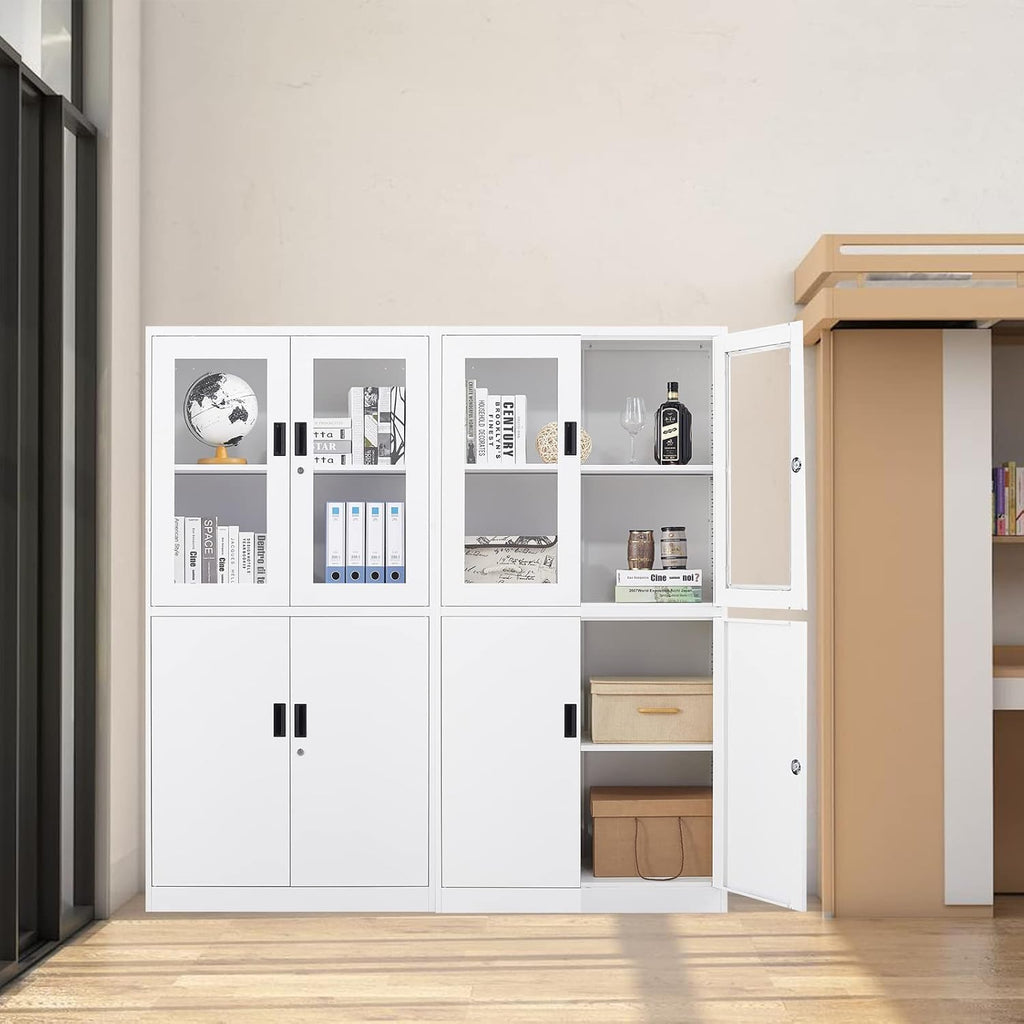 STANI Metal Storage Cabinet, Locking Steel Cabinet with Shelves, Tall Metal Utility 2 Doors, Lockable Steel Cabinets for Home Office (4 Doors, White)