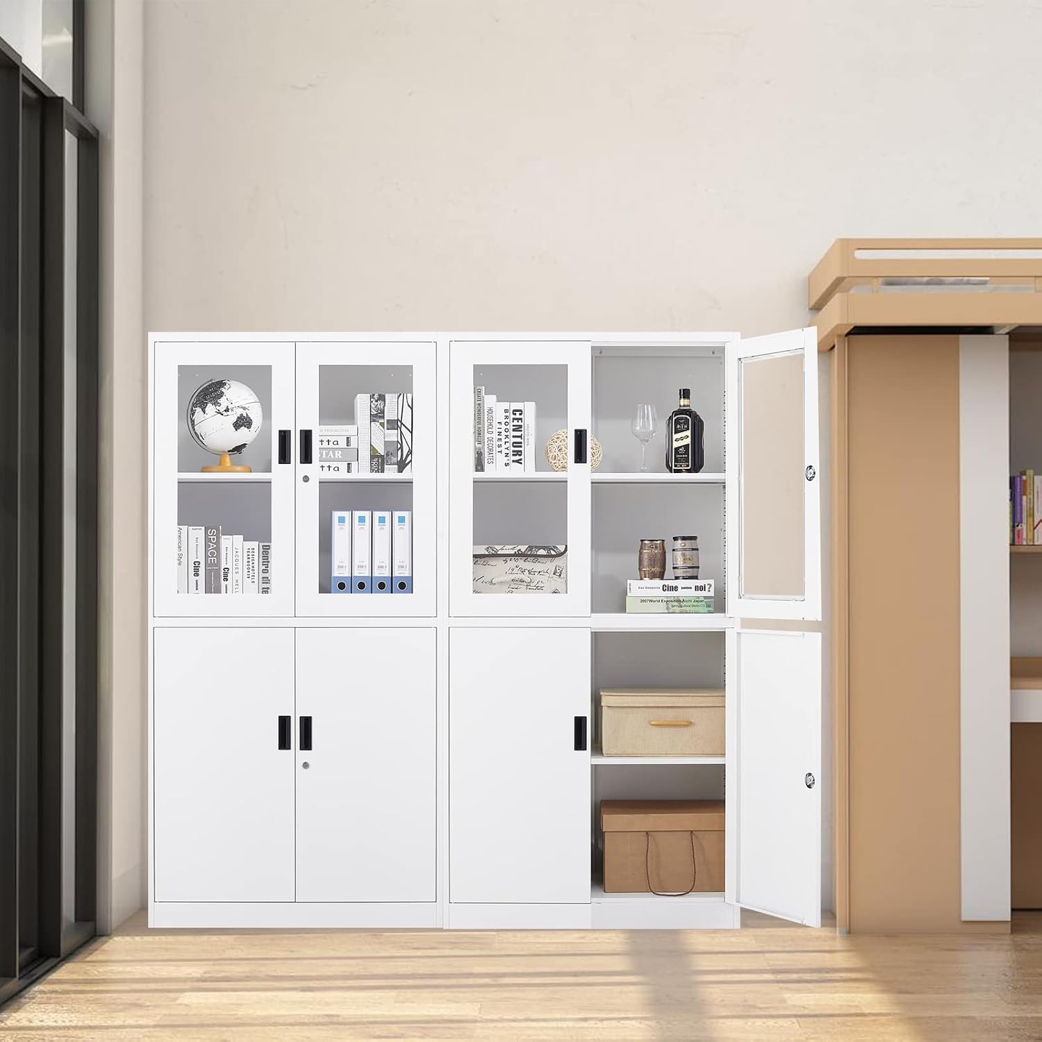 STANI Metal Storage Cabinet, Locking Steel Cabinet with Shelves, Tall Metal Utility 2 Doors, Lockable Steel Cabinets for Home Office (4 Doors, White)