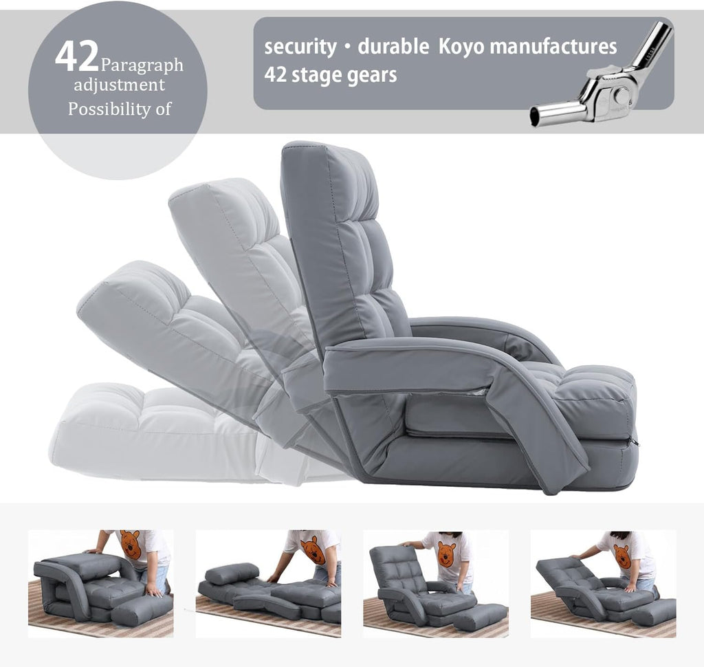 Floor Chair, Floor Gaming Chair with 14 Adjustable Position&Back Support, Folding Lounge Chair with Armrest for Adults, Lazy Sofa Lounger with Comfy Cushion for Living Room,Bedroom,PU,Grey