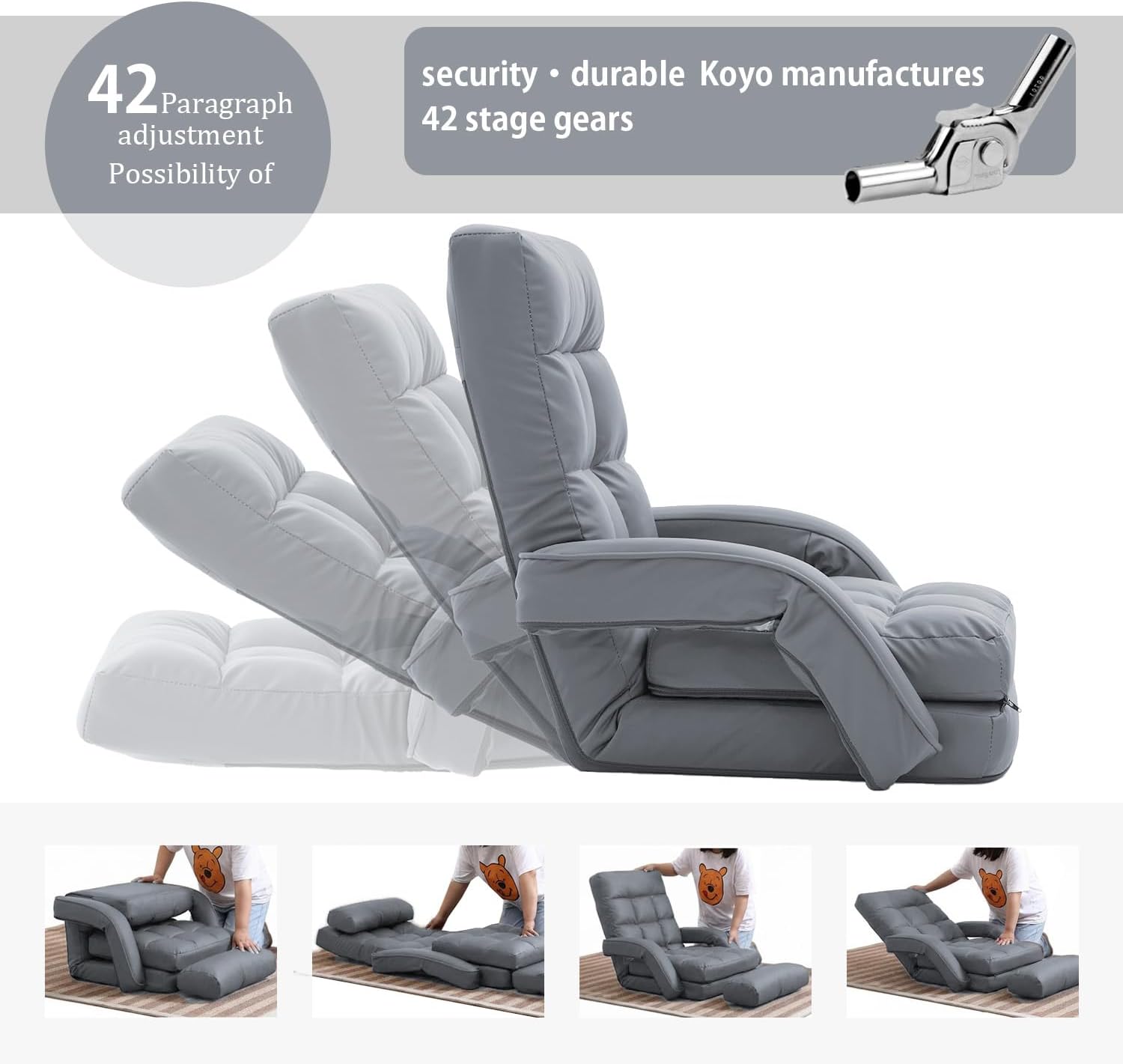 Floor Chair, Floor Gaming Chair with 14 Adjustable Position&Back Support, Folding Lounge Chair with Armrest for Adults, Lazy Sofa Lounger with Comfy Cushion for Living Room,Bedroom,PU,Grey