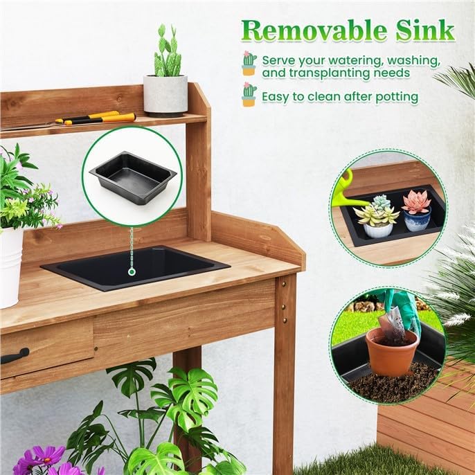 ARNOT Potting Bench,Outdoor Potting Bench Table with Sink and Storage Shelves, Wooden Garden Workstation for Gardening Tools, Planting, and Repotting – Natural Fir Wood (38' x 17' x 50')