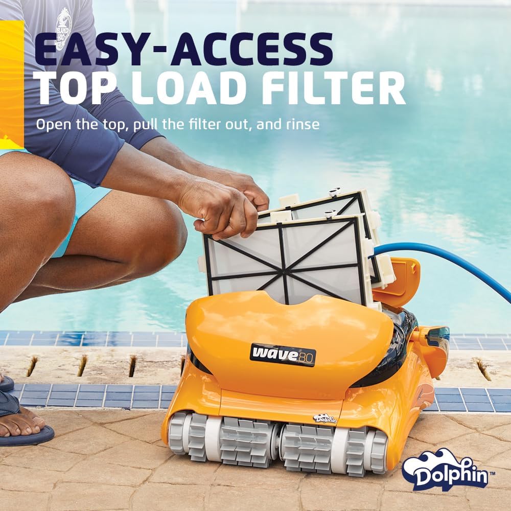 Dolphin Wave 80 Automatic Robotic Pool Vacuum Cleaner Includes Remote Control and Caddy, Waterline Scrubber Brush, Ideal for Commercial Pools up to 68 FT in Length
