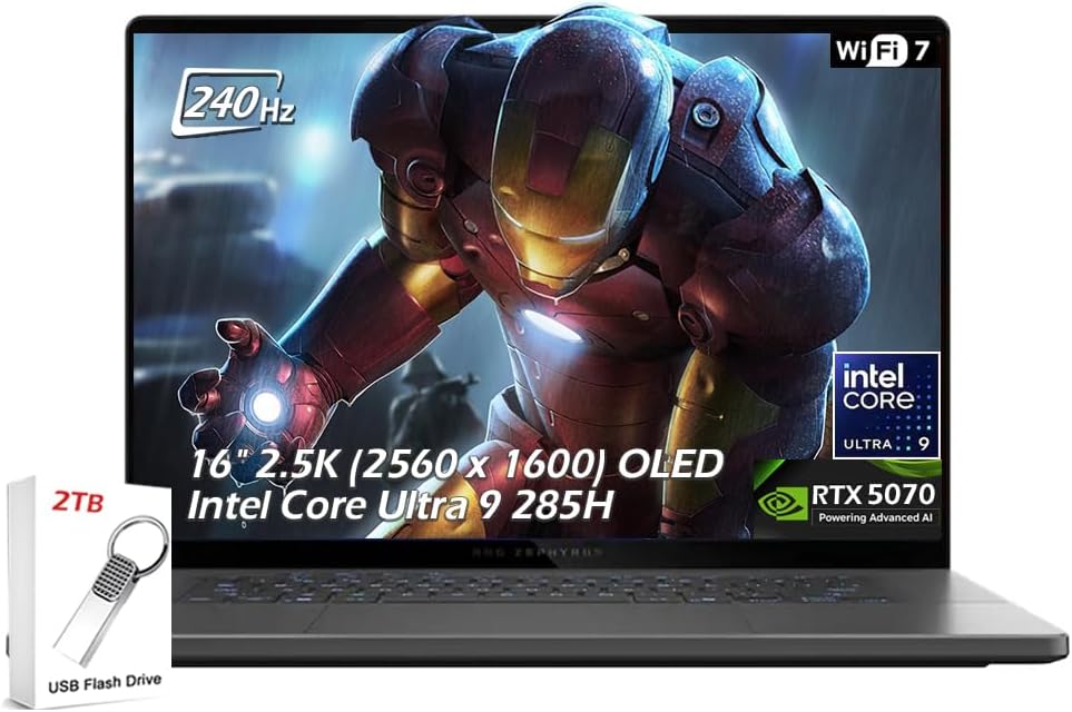 ASUS ROG Zephyrus G16 Gaming Laptop, 16' 2.5K OLED 240Hz, RTX 5070, Intel Core Ultra 9 285H, 16GB LPDDR5X 1TB SSD, Thunderbolt4, Wi-Fi7, Backlit KB, Win11, Eclipse Gray, w/2TB USB Drive, W/GaLiMu