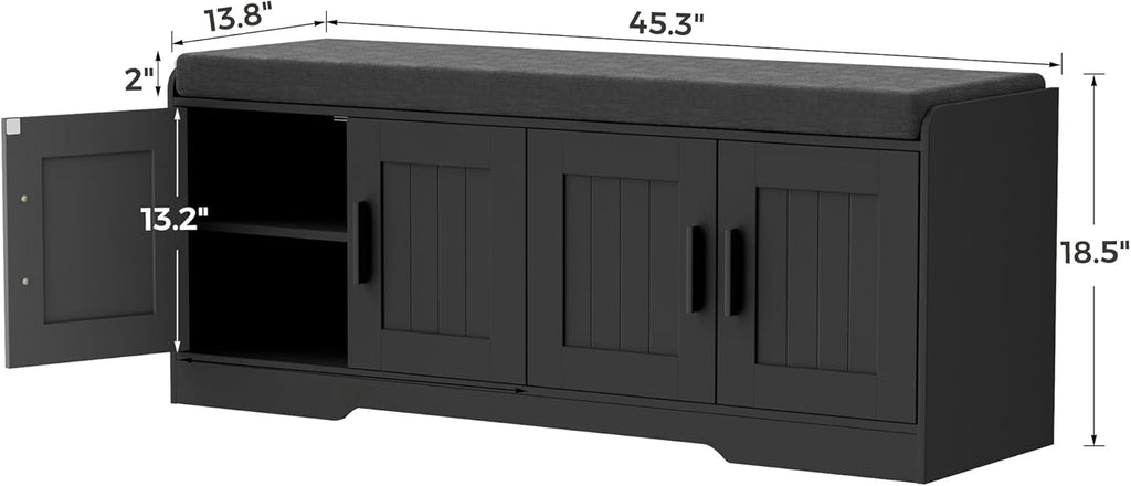 Homleke 2-Tier Storage Bench, Shoe Bench with Thickened Padded Seat Cushion, Entryway Bench with 4 Doors, Adjustable Shelf, 13.8' D x 45.3' W x 18.5' H, for Entryway, Living Room, Bedroom, Black