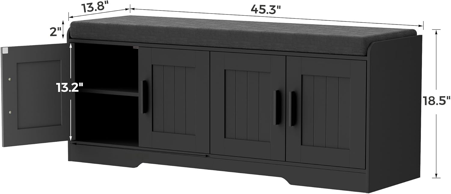 Homleke 2-Tier Storage Bench, Shoe Bench with Thickened Padded Seat Cushion, Entryway Bench with 4 Doors, Adjustable Shelf, 13.8' D x 45.3' W x 18.5' H, for Entryway, Living Room, Bedroom, Black