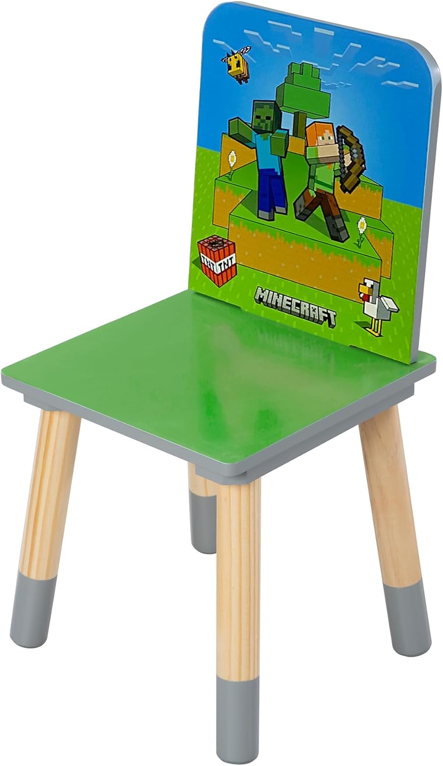 Minecraft: Seating Group Set - Table & 2 Chairs - Green & Blue, Kids Wooden Minecraft Set, Outdoor Game Scene Imagery, Children's Room Decor, Licensed