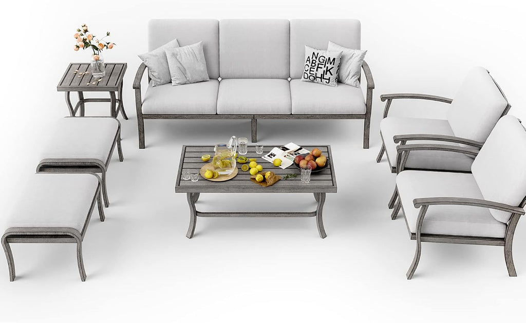 HAPPATIO 7 Piece Aluminum Patio Furniture Set, 3-Seat Outdoor Ottomans and Armchairs, Outdoor Sectional Sofa with Side Table and Coffee Table, Garden Conversation Set for Lawn Deck (Gray)