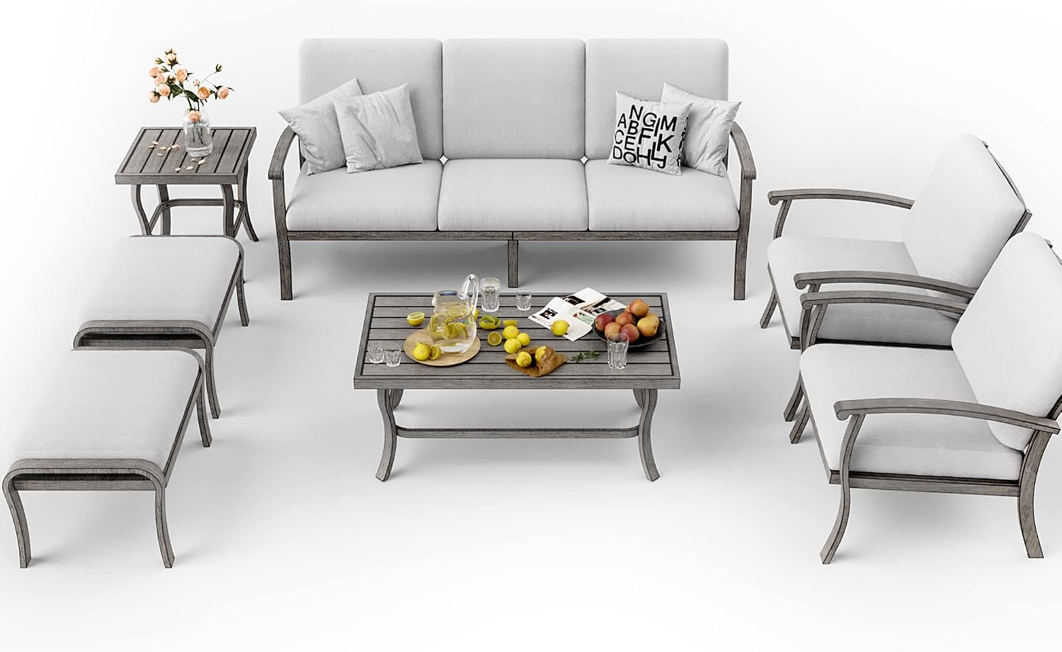 HAPPATIO 7 Piece Aluminum Patio Furniture Set, 3-Seat Outdoor Ottomans and Armchairs, Outdoor Sectional Sofa with Side Table and Coffee Table, Garden Conversation Set for Lawn Deck (Gray)