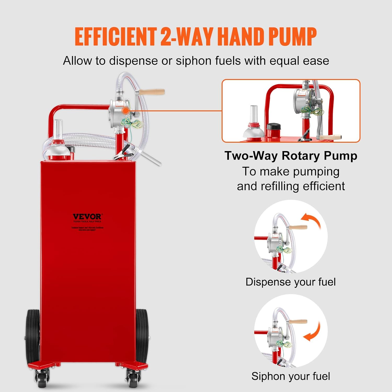 VEVOR Fuel Caddy 35 Gallon, Gas Storage Tank on 4 Wheels, with Manual Transfer Pump, Gasoline Diesel Fuel Container for Cars, Lawn Mowers, ATVs, Boats & More, Red