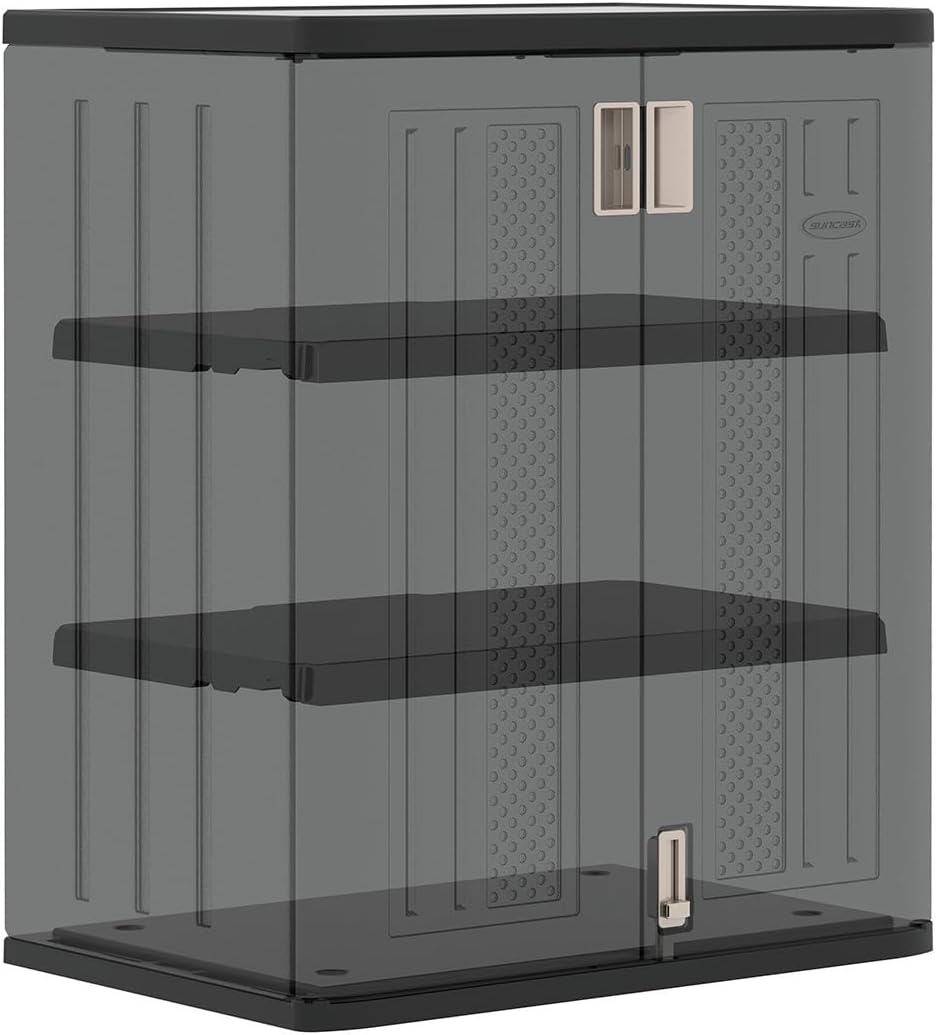 Suncast Base Storage Cabinet for Garage Organization, 9 Cu. Ft. Capacity, Black - Lockable Multi-Wall 2-Shelf Resin Organizer for Garden Supplies, Paint Cans & Outdoor Tools
