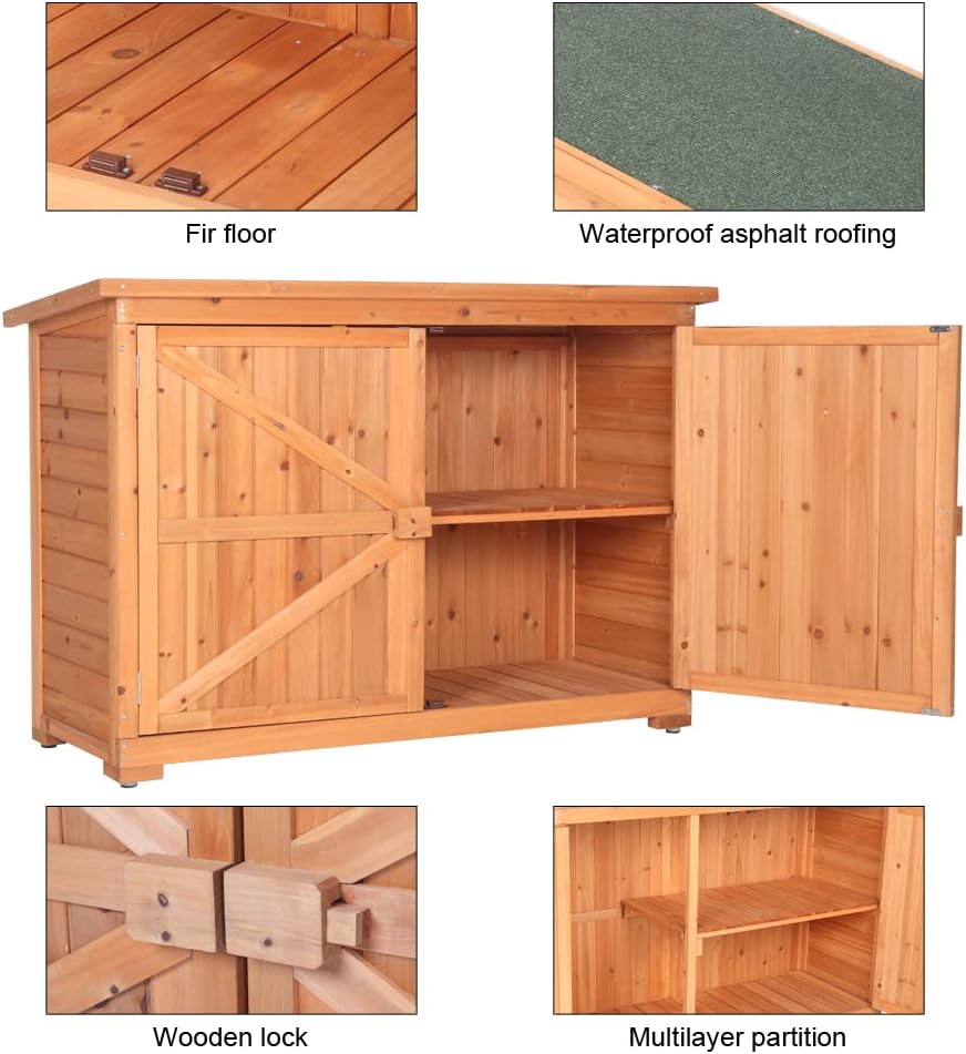 Outdoor Wooden Storage Cabinet, Wood Garden Shed, Outside Tool Shed, Vertical Organizer Cabinet with Double Doors for Outside, Garden and Yard