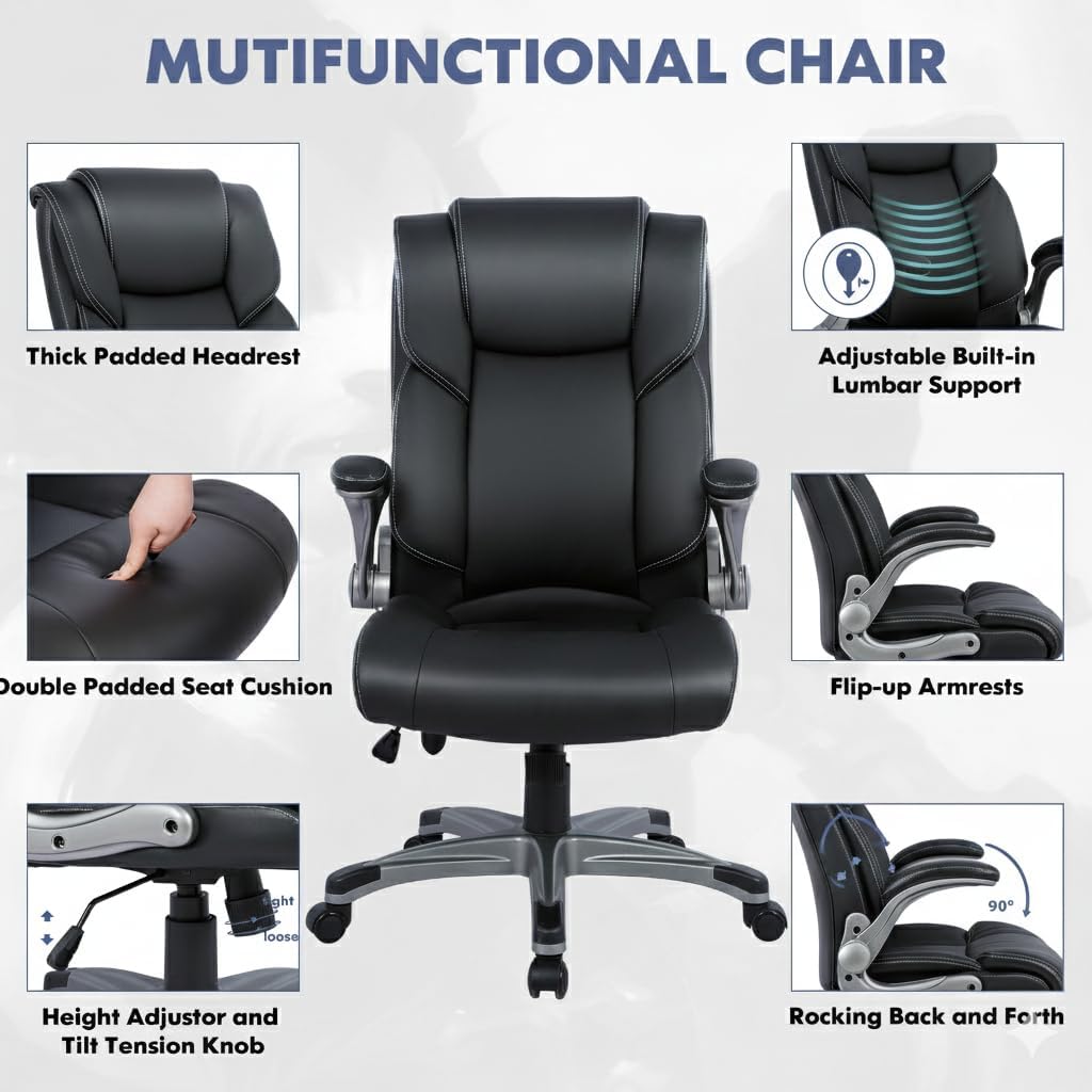 Ergonomic Executive Office Chair with Lumbar Support, Flip-Up Arms, Bonded Leather High Back Desk Chair for Home Office & Workstation, Comfortable Computer Chair for Adults Men Women – Black Set of 2