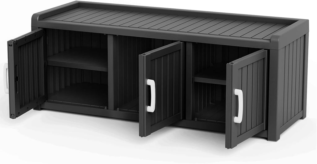 Trygoal3 Doors Shoe Bench, Waterproof & UV-Resistant, Resin Shoe Cabinet Indoor & Outdoor Use, Entryway Bench with Adjustable Shelves & Hidden Storage Space for Bedroom, Hallway, Grey