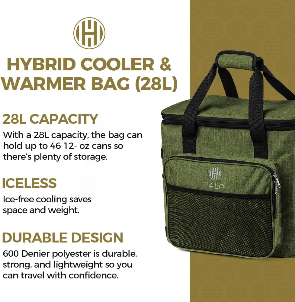 Halo 28L Hybrid Cooler & Warmer Bag | Electric Travel Cooler, Collapsible for Easy Storage, Keep Drinks Cold & Food Warm, Ice Free Cooling, Includes Shoulder Strap, DC Power Cord & AC Adapter