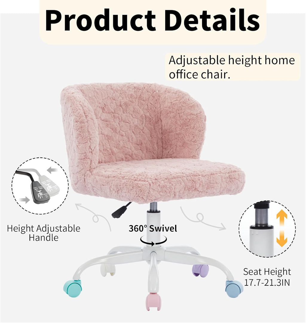 Shenyon Pink Faux Fur Vanity Chair, Adjustable Swivel Home Office Chair with Colorful Wheels and Metal Base, Cute Makeup Chair for Women, Teens & Girls(Pink)